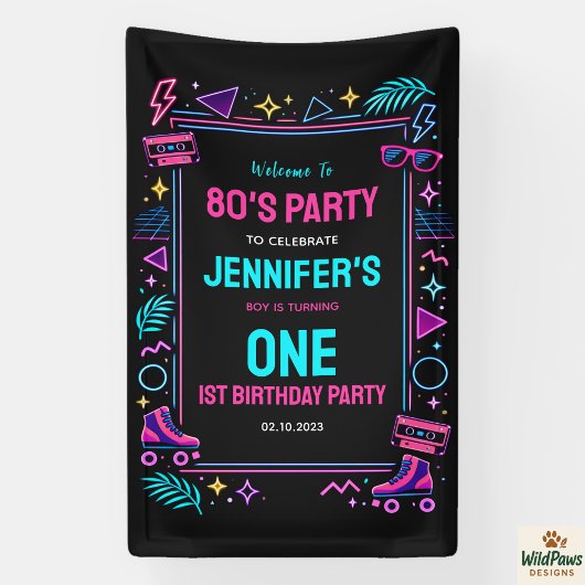 モダン レトロ ネオン 80’s 1歳の誕生日パーティー 横断幕