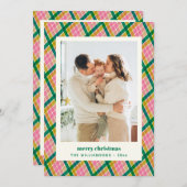 モダン レトロ ピンク グリーン チェック クリスマス フォト (正面/裏面)