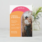 モダン レトロ 70年代 アーチ フォト ウェディング 招待状 (スタンド正面)