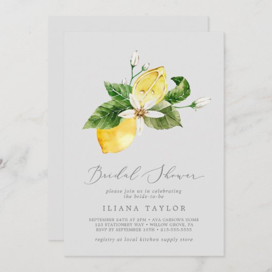 モダン レモン ガーデン | グレー ブライダル シャワー 招待状 (正面/裏面)