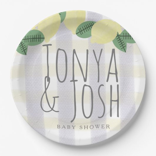 モダン レモン リース シトラス イエロー グレー ペーパープレート (正面)