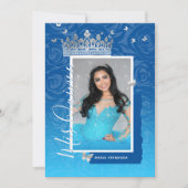 モダン ロイヤルブルー エレガント フラワー フォト キンセアニェーラ 招待状 (正面)