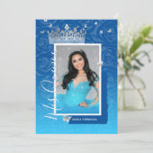 モダン ロイヤルブルー エレガント フラワー フォト キンセアニェーラ 招待状 (スタンド正面)