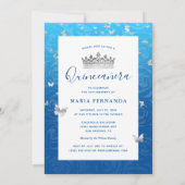 モダン ロイヤルブルー エレガント フラワー フォト キンセアニェーラ 招待状 (裏面)
