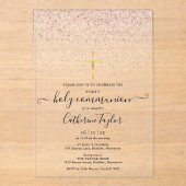 モダン ローズゴールド グリッター 初めての聖体拝領 アクリル招待状 (正面)