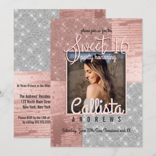 モダン ローズゴールド シルバー グリッター フォト スウィート16 招待状 (正面/裏面)