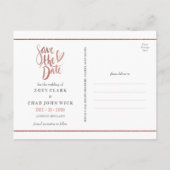 モダン ローズゴールド スクリプト セーブ・ザ・デート ポストカード (裏面)