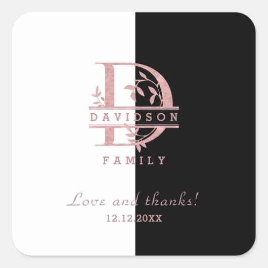 モダン ローズゴールド スプリット カスタム モノグラム A, B, C, D スクエアシール (正面)