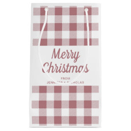 モダン ローズゴールド チェック柄 メリークリスマス スモールペーパーバッグ