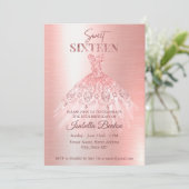 モダン ローズゴールド ドレス グリッター スイート16 ユニーク 招待状 (スタンド正面)