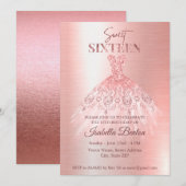 モダン ローズゴールド ドレス グリッター スイート16 ユニーク 招待状 (正面/裏面)