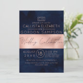 モダン ローズゴールド ネイビーストライプ 水彩 ウェディング 招待状 (スタンド正面)