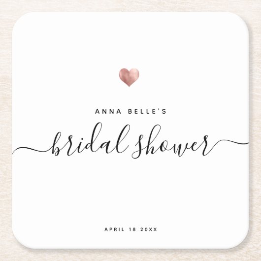 モダン ローズゴールド ハート シック スクリプト ブライダルシャワー スクエアペーパーコースター (正面)
