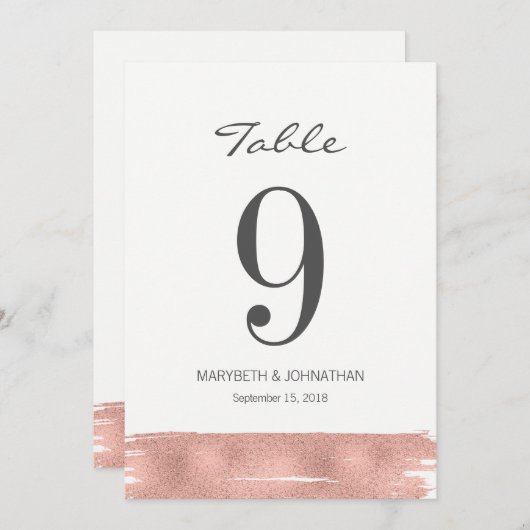モダン ローズゴールド ブラシ ウェディング テーブル ナンバー カード (正面/裏面)