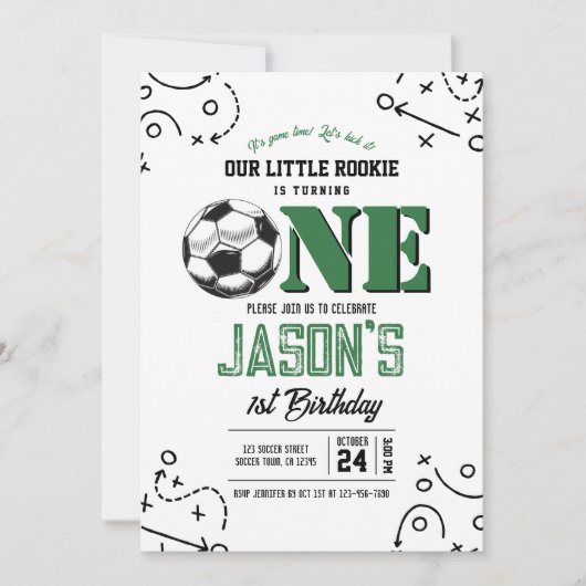 モダン ヴィンテージ サッカー スポーツ 1歳の誕生日 招待状 (正面)