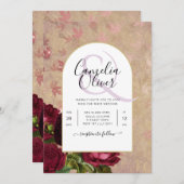 モダン ヴィンテージ ボタニカル 赤いバラのウェディング 招待状 (正面/裏面)