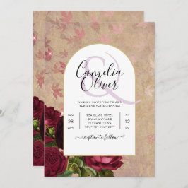 モダン ヴィンテージ ボタニカル 赤いバラのウェディング 招待状