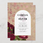 モダン ヴィンテージ ボタニカル 赤いバラのウェディング 招待状 (正面/裏面)