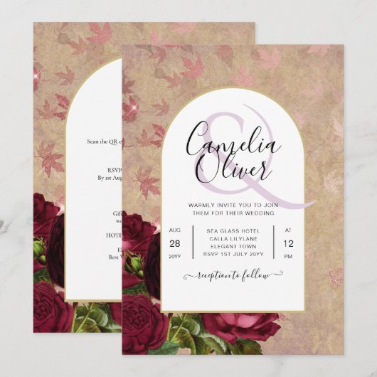 モダン ヴィンテージ ボタニカル 赤いバラ ウェディング 招待状 (正面/裏面)