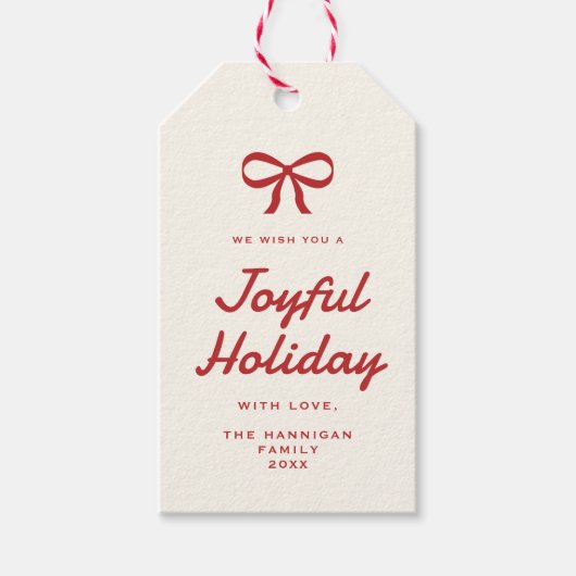 モダン ヴィンテージ レッド ボウ キャンディ ケーン ストライプ ホリデー ギフトタグ (正面)
