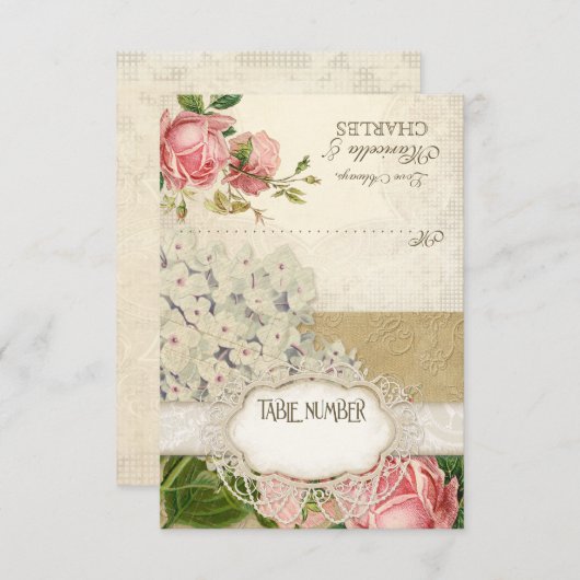 モダン ヴィンテージ レース ティー ステンド ハイドランジアとローズ 招待状 (正面/裏面)