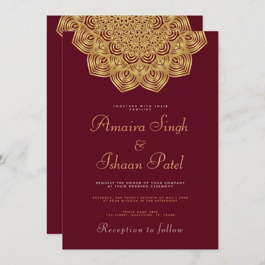 モダン&伝統的金ゴールドマダラインディアン結婚ズ 招待状 (正面/裏面)