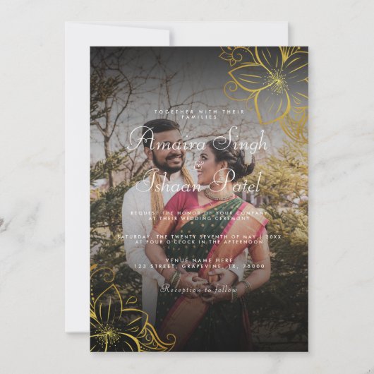 モダン&伝統的金ゴールドメンディインディアン結婚ズ 招待状 (正面)