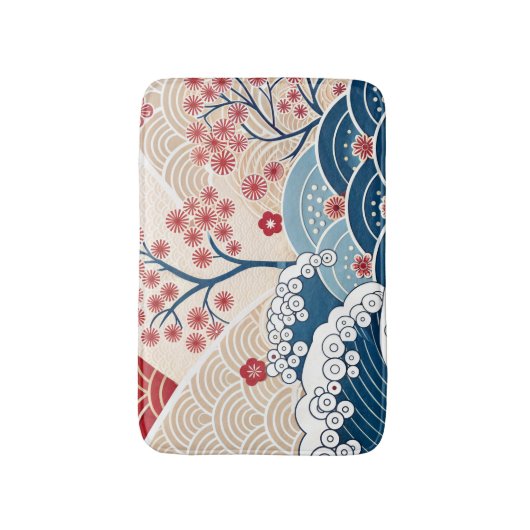 モダン 和風 波と桜のデザイン バスマット (正面縦)