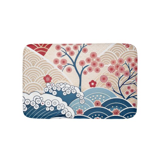 モダン 和風 波と桜のデザイン バスマット (正面)