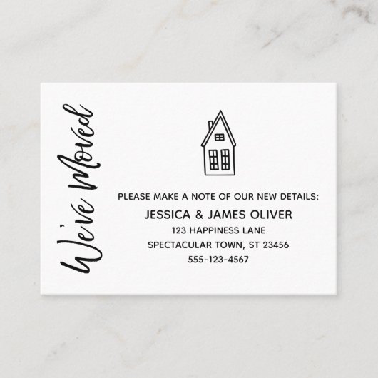 モダン「引っ越しました」カードとリトルハウススケッチ 名刺 (正面)