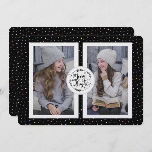 モダン、水玉模様2枚のフォトクリスマスカードブラック シーズンカード (正面/裏面)
