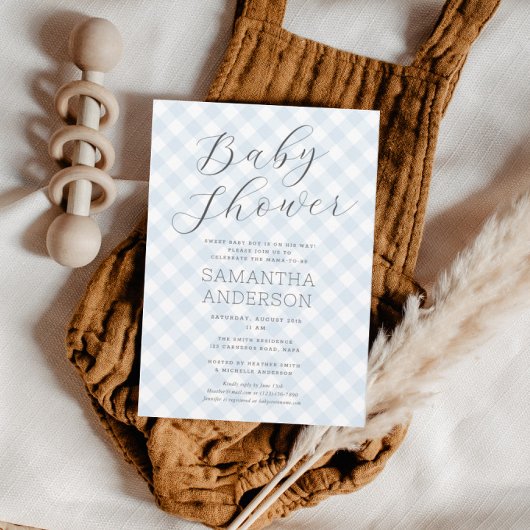 モダン +甘い青いギンガムボーイ赤ちゃんシャワー 招待状