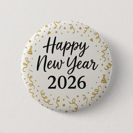 モダン 謹賀新年 2026 ゴールド コンフェティ 缶バッジ (正面)