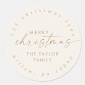 モダン |金ゴールドとクリームクリスマスの円形住所 ラウンドシール (正面)