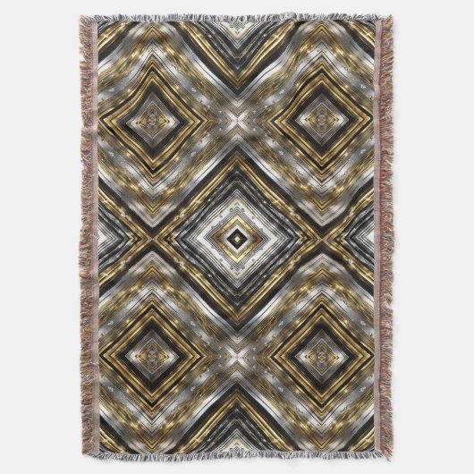 モダン，銀のトレンディー模様，金ゴールドと黒 スローブランケット (正面縦)