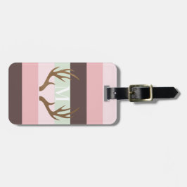モダン〔雄ジカの〕枝角ピンクグリーンブラウンストライプのモノグラム ラゲッジタグ