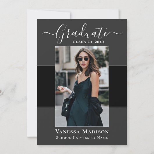 モダン |黒エレガント灰色1枚の写真卒業 案内状 (正面)