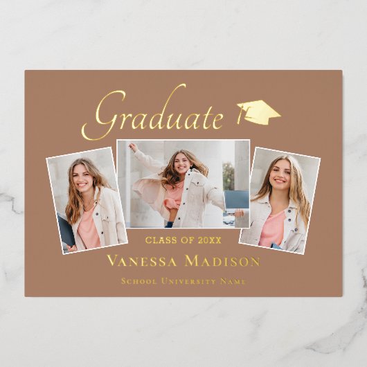 モダン | 3フォトフォイル卒業発表 箔招待状 (正面)