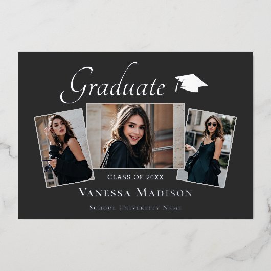 モダン | 3フォトフォイル卒業発表 箔招待状 (正面)