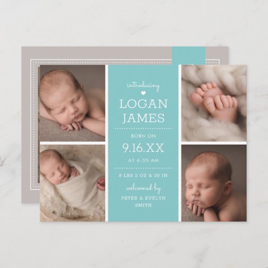 モダン 4素朴枚の写真集合ベビーの発表 案内ポストカード (正面/裏面)