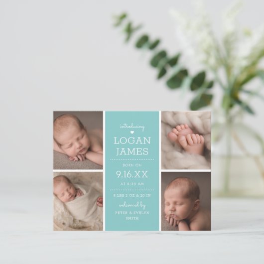 モダン 4素朴枚の写真集合ベビーの発表 案内ポストカード (スタンド正面)