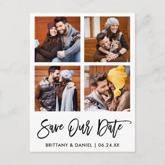 モダン Brush Script 救 Or Date 4 Photo Collage ポストカード (正面)
