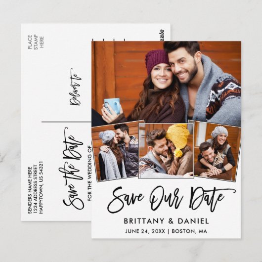 モダン Brush Script 救  Our Date 4 Photo Cople ポストカード (正面/裏面)