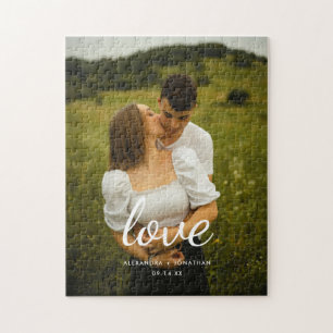 モダン 'Love' スクリプト ウェディング カップル 写真 ジグソーパズル