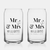 モダン Mr Mrs 名前 日付 & 指輪 デザイン 結婚式 ガラス缶 (正面)