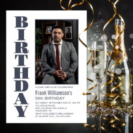 モダンAny Age Gray White Photo Birthday Party 招待状