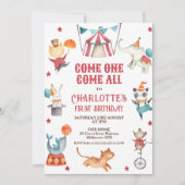 モダンAny Gender Red Circus 1st Birthday 招待状 (正面)