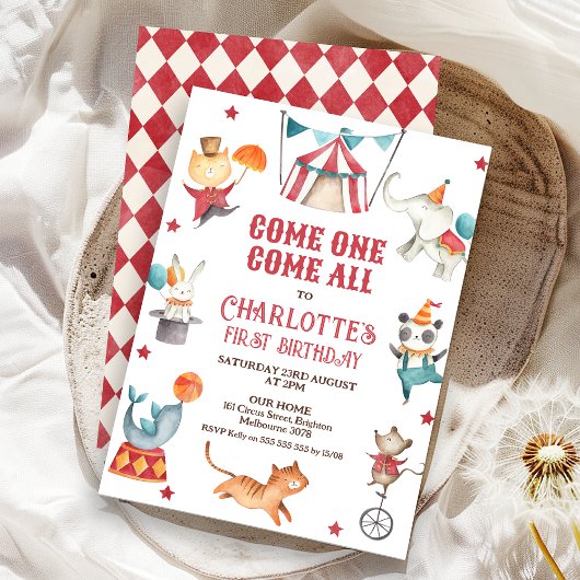 モダンAny Gender Red Circus 1st Birthday 招待状