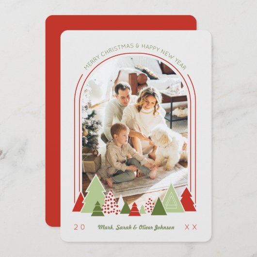 モダンArch and カラフル Tree Photo Crismas Card 招待状 (正面/裏面)