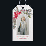 モダンArch Christmas Waterカラーフローラ写真 ギフトタグ<br><div class="desc">水の色のエレガントスタイル赤とピンクのポインセチア、パイン、マゼンダと赤の果実のスプレーとモダン、編集可能な文字フィールドを持つセージ/グレーのユーカリのスプレーで飾られたアーチ型のフォト切り出しを特徴とする美しい休日のデザイン。</div>